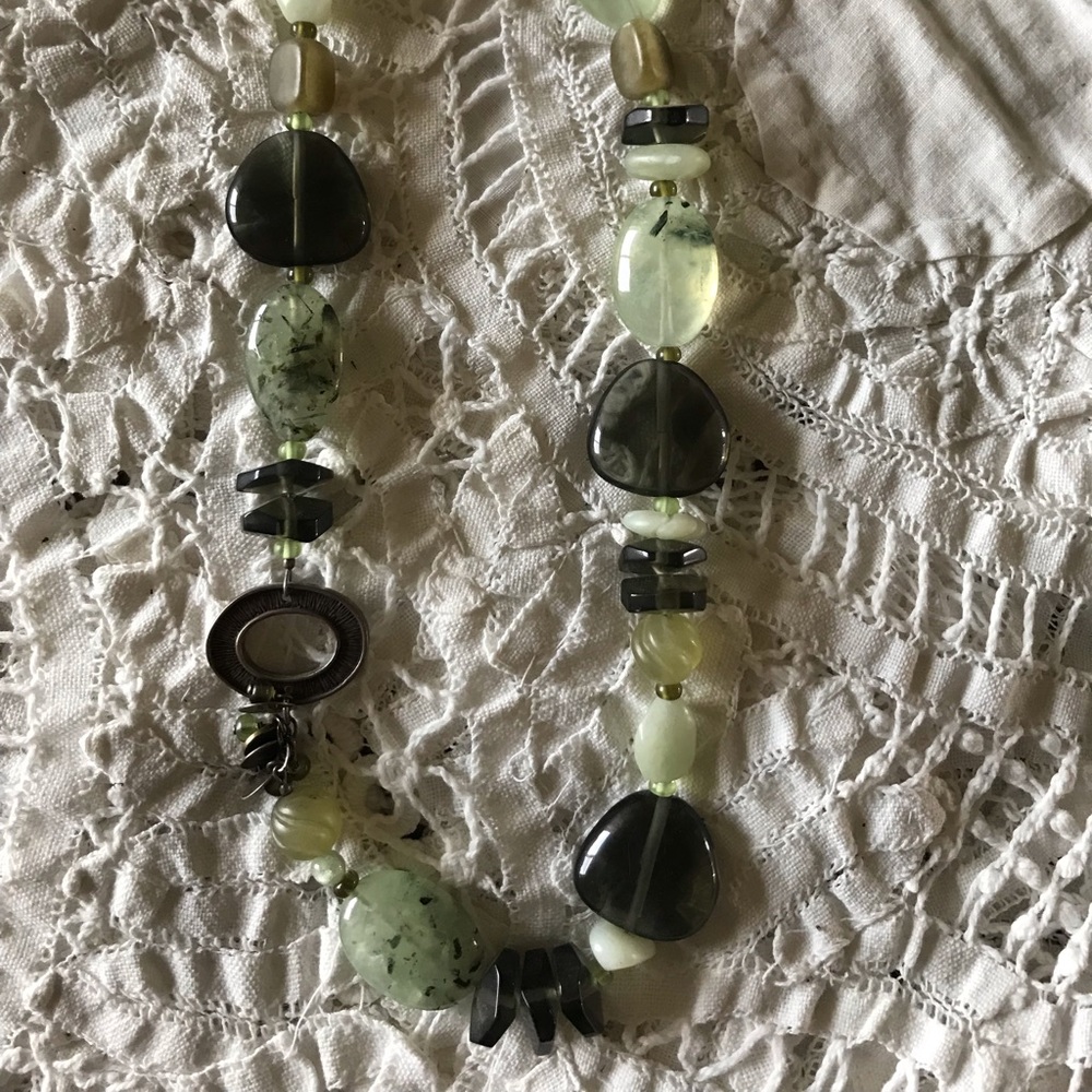 Beaded necklace; green hues.